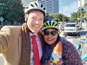 Dan Favre, Executive Director of Bike Easy, taking a selfie with Mayor LaToya Cantrell at City Hall in 2018.